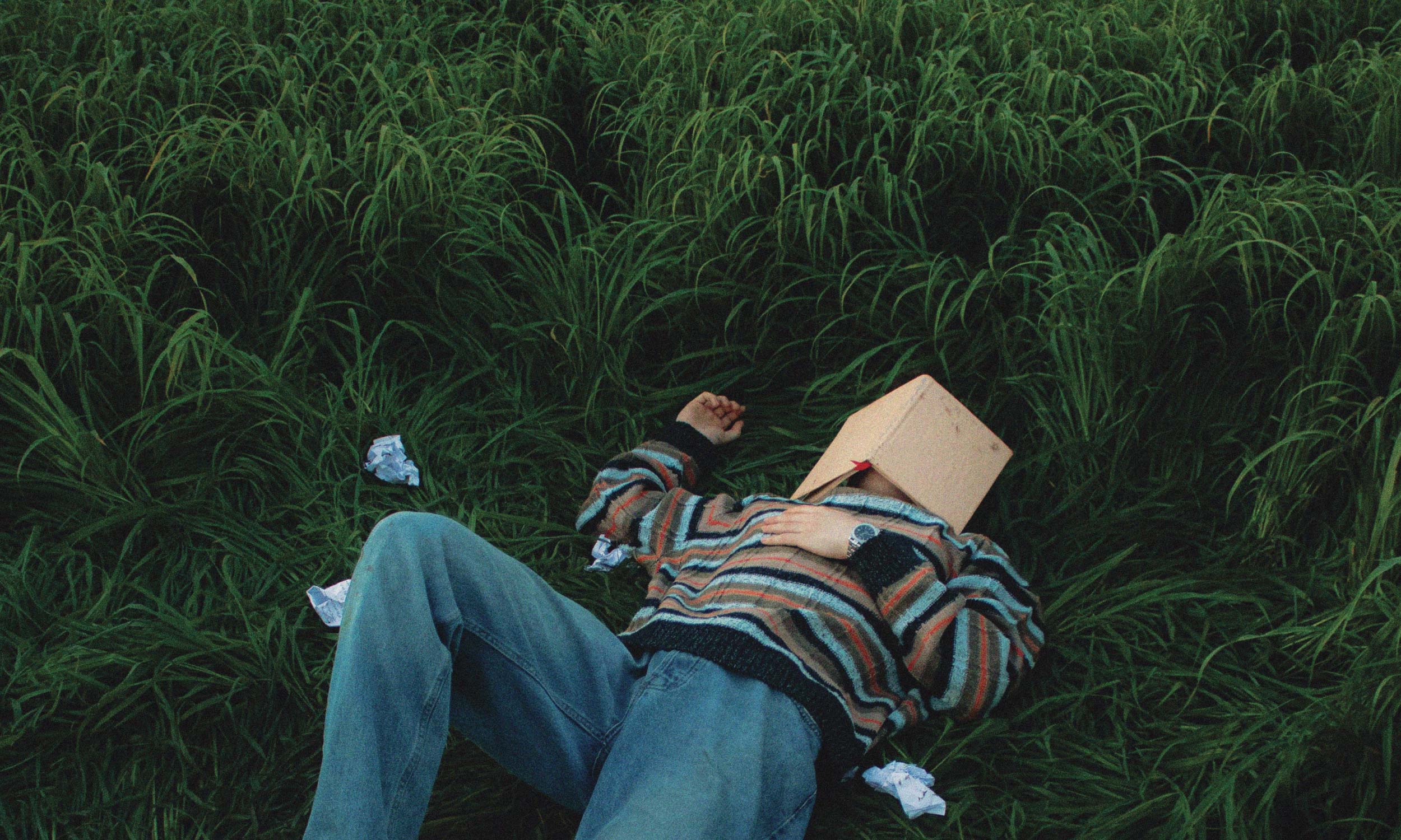 Person lying exhausted in long grass with a notebook covering their face, symbolising feeling creatively drained