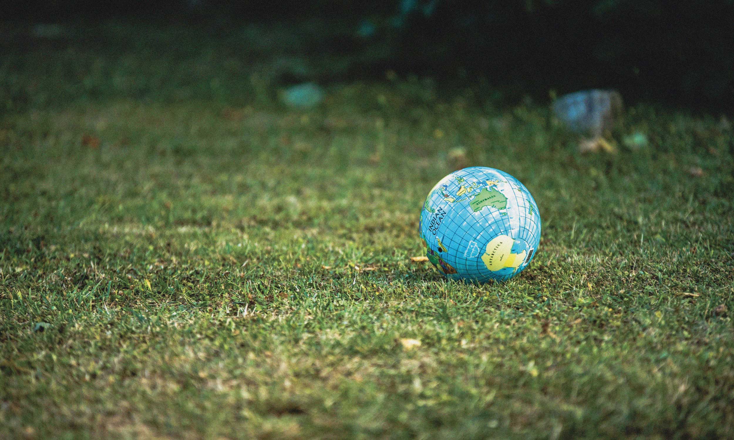 Small globe resting on grass, representing simple and sustainable habits that help protect the planet.